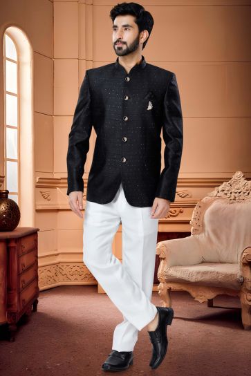 Readymade Majestic Black Color Jacquard Fabric Jodhpuri Suit