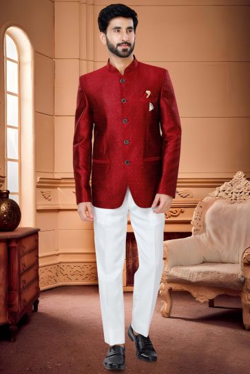 Remarkable Red Color Jacquard Fabric Jodhpuri Suit