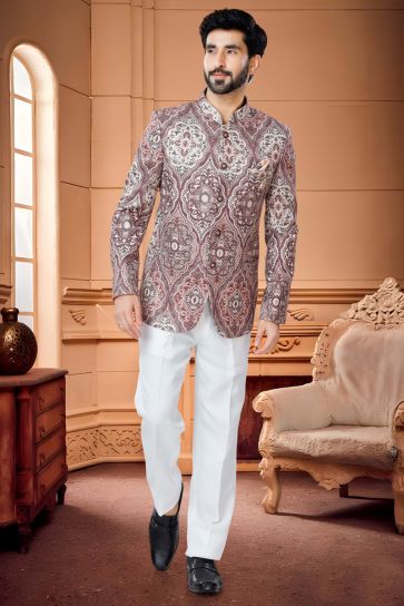 Graceful Rust Color Jacquard Fabric Readymade Jodhpuri Suit