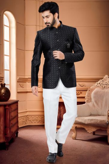 Trendy Textured Black Color Jacquard Fabric Jodhpuri Suit