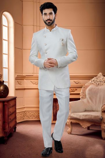 Intriguing White Color Readymade Jodhpuri Suit In Jacquard Fabric