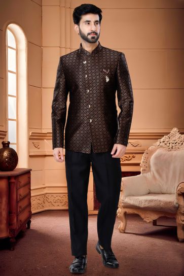 Brown Color Jacquard Fabric Engrossing Jodhpuri Suit