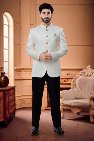 Engaging Cream Color Jacquard Fabric Readymade Jodhpuri Suit