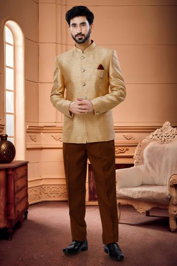 Extravagant Golden Color Jacquard Fabric Readymade Jodhpuri Suit