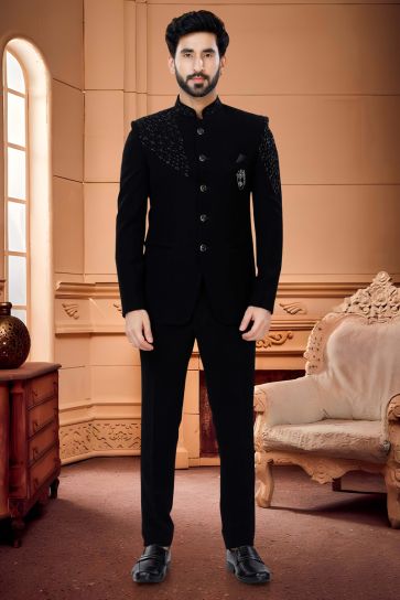 Appealing Black Color Rayon Fabric Readymade Jodhpuri Suit