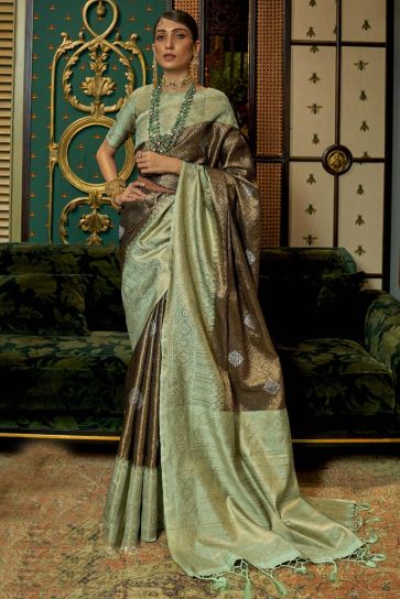 Brown Color Vintage Weaving Work Art Silk Saree