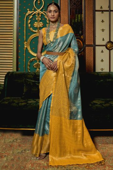 Cyan Color Ravishing Weaving Work Art Silk Saree