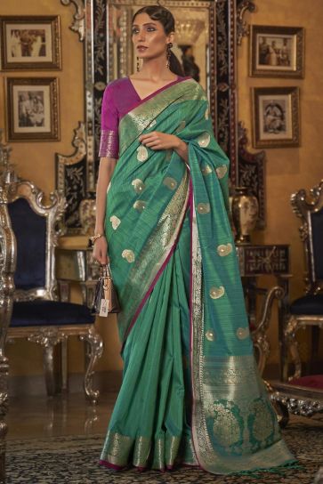 Function Wear Enticing Weaving Work Green Art Silk Saree