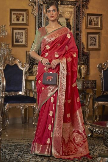 Glorious Function Wear Red Weaving Work Art Silk Saree