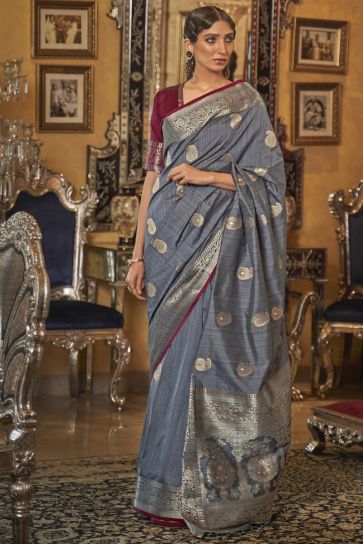Attractive Function Wear Grey Weaving Work Art Silk Saree
