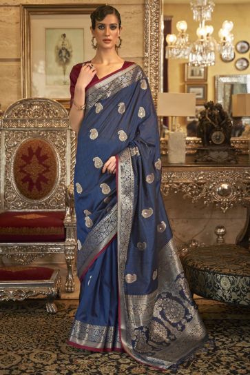 Radiant Navy Blue Function Wear Weaving Work Art Silk Saree