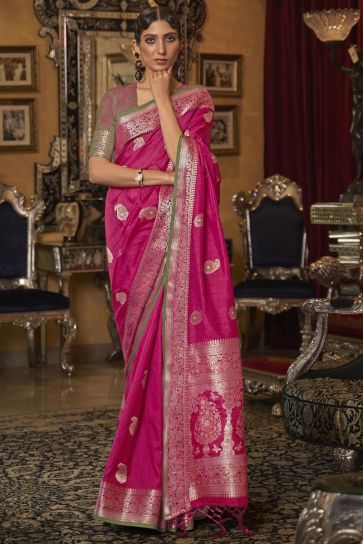 Blazing Pink Function Wear Weaving Work Art Silk Saree