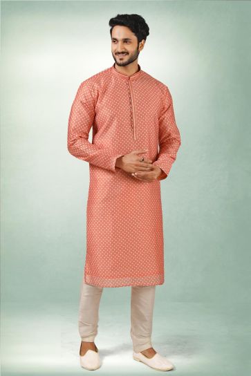 Peach Color Luxurious Art Silk Kurta Pyjama In Ethnic Look