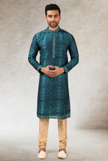 Vintage Ethnic Look Teal Color Art Silk Kurta Pyjama
