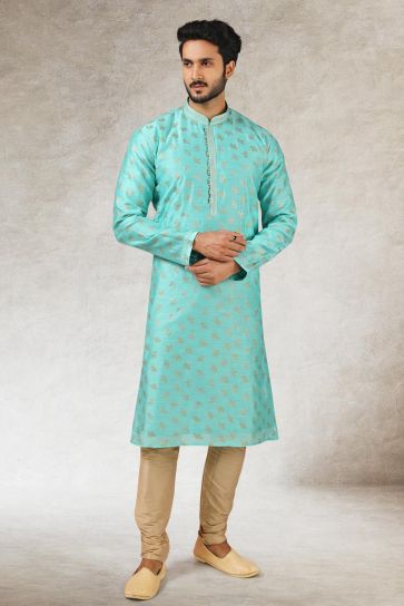 Cyan Color Lavish Ethnic Look Art Silk Kurta Pyjama