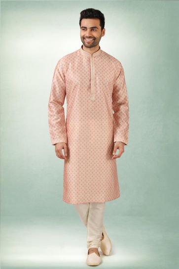 Ethnic Look Brilliant Art Silk Kurta Pyjama In Peach Color