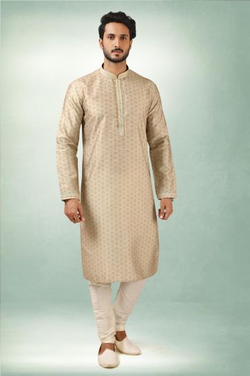 Charming Ethnic Look Beige Color Art Silk Kurta Pyjama 