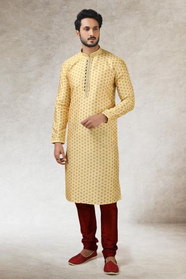 Blazing Ethnic Look Art Silk Kurta Pyjama In Yellow Color