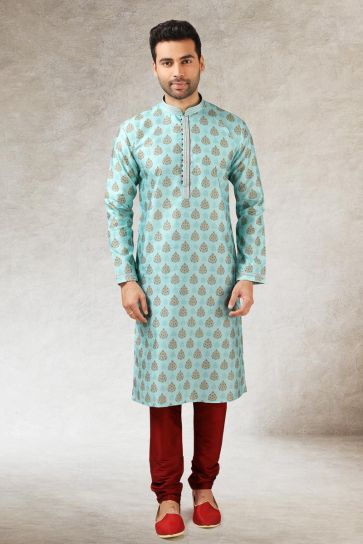Light Cyan Color Ethnic Look Lavish Art Silk Kurta Pyjama