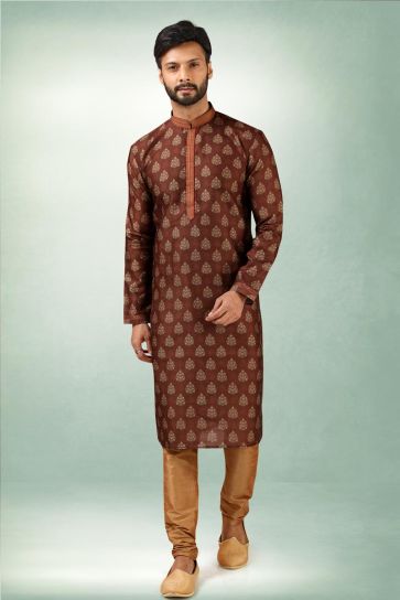 Magnificent Ethnic Look Brown Color Art Silk Kurta Pyjama