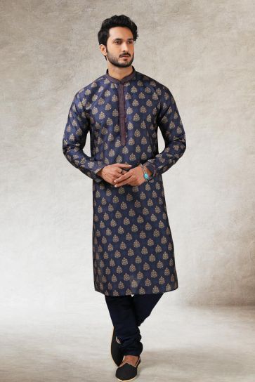 Navy Blue Color Ethnic Look Splendid Art Silk Kurta Pyjama