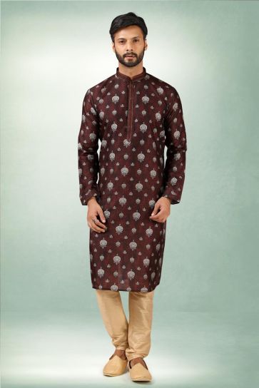 Ethnic Look Brown Color Magnificent Art Silk Kurta Pyjama