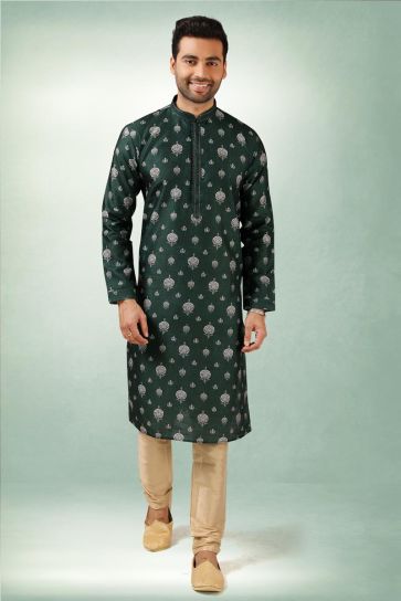 Splendid Dark Green Color Ethnic Look Art Silk Kurta Pyjama