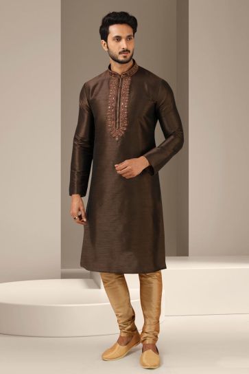 Striking Brown Color Kurta Pyjama in Banarasi Art Silk Fabric