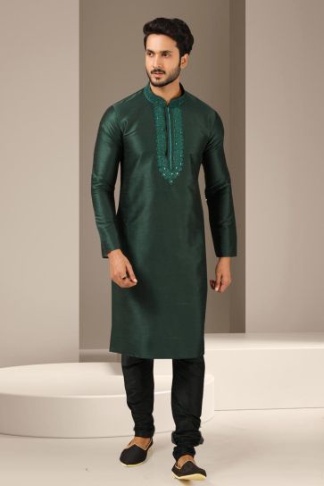 Fantastic Dark Green Color Banarasi Art Silk Fabric Kurta Pyjama