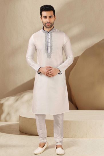 Dusky Off White Color Banarasi Art Silk Fabric Kurta Pyjama