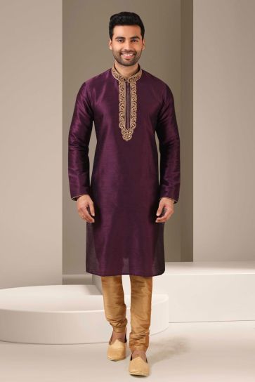 Blissful Burgundy Color Banarasi Art Silk Fabric Kurta Pyjama