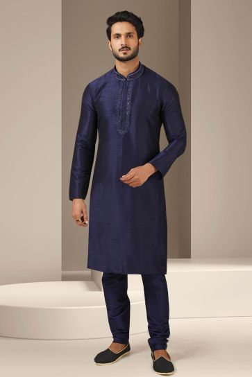 Navy Blue Banarasi Art Silk Fabric Magnificent Kurta Pyjama