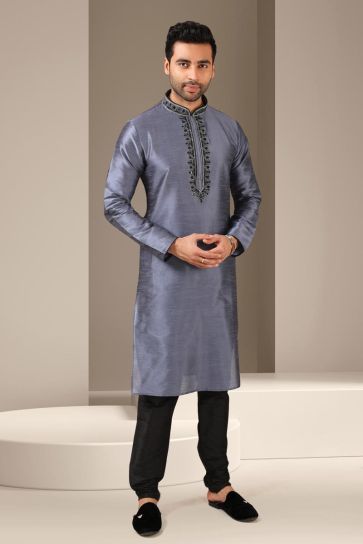 Intriguing Grey Kurta Pyjama In Banarasi Art Silk Fabric
