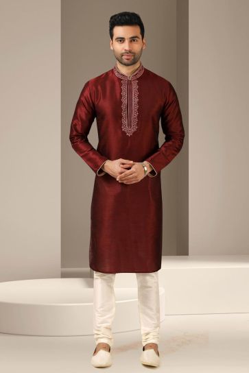 Engaging Maroon Color Banarasi Art Silk Fabric Kurta Pyjama