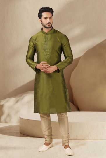 Captivating Banarasi Art Silk Fabric Kurta Pyjama In Mehendi Green Color
