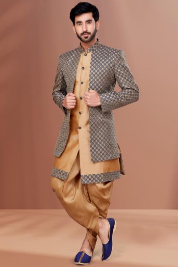 Jacquard Fabric Stunning Grey Color Wedding Wear Readymade Men Dhoti Style Indo Western
