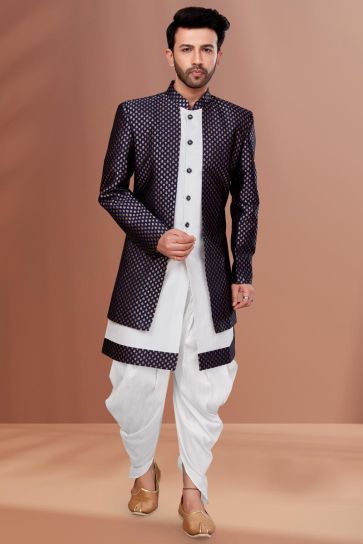 Jacquard Fabric Navy Blue Wedding Wear Readymade Lovely Dhoti Style Indo Western For Men