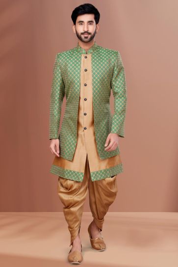 Pretty Jacquard Fabric Wedding Wear Readymade Men Dhoti Style Indo Western In Sea Green Color
