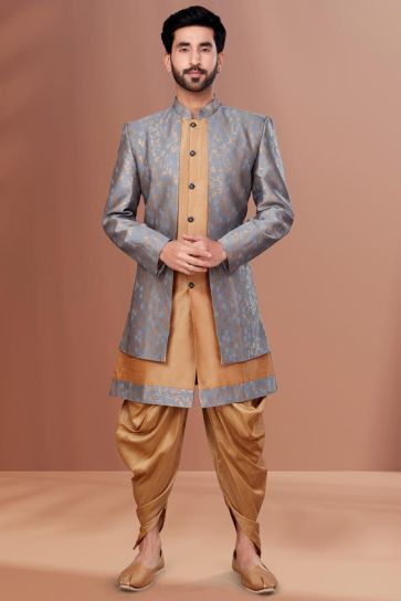 Beautiful Grey Color Wedding Wear Readymade Dhoti Style Indo Western For Men In Jacquard Fabric