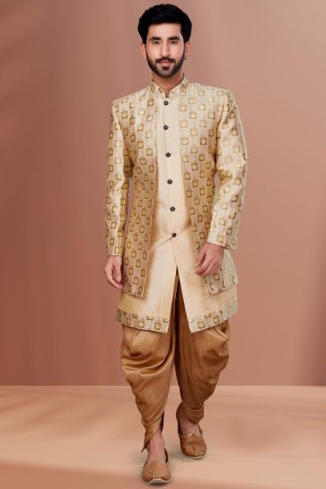 Jacquard Fabric Wedding Wear Attractive Readymade Men Indo Western In Cream Color