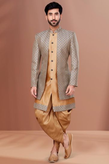 Dark Beige Wedding Wear Readymade Glamorous Indo Western For Men In Jacquard Fabric