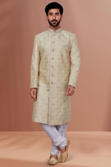 Silk Fabric Beige Color Wedding Wear Readymade Designer Men Dhoti Style Indo Western