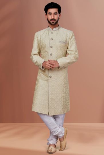 Beige Gorgeous Silk Fabric Wedding Wear Readymade Dhoti Style Indo Western For Men