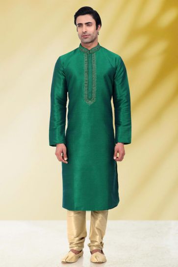 Stunning Art Silk Function Wear Green Kurta Pyjama For Men