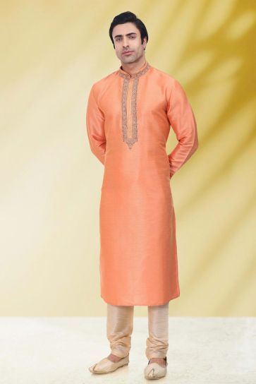 Peach Color Sangeet Wear Pretty Kurta Pyjama For Men In Art Silk Fabric