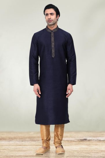 Fancy Navy Blue Color Art Silk Fabric Function Wear Readymade Kurta Pyjama For Men
