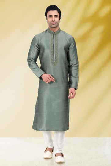 Grey Art Silk Fabric Sangeet Wear Trendy Readymade Kurta Pyjama For Men