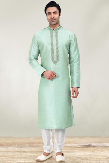 Art Silk Sea Green Magnificent Readymade Men Kurta Pyjama For Sangeet Wear