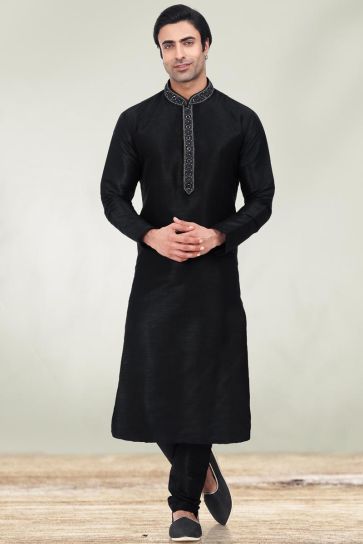 Festive Wear Readymade Kurta Pyjama For Men In Black Art Silk Fabric