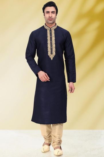 Wedding Function Readymade Kurta Pyjama For Men In Art Silk Navy Blue Color